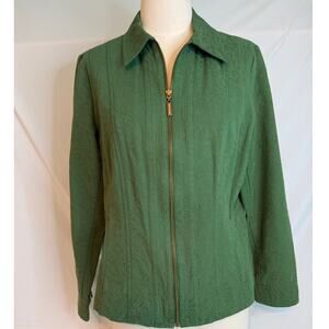 Coldwater Creek Jacket Brocade Green Full-Zip Cotton Pockets Women's Size 14